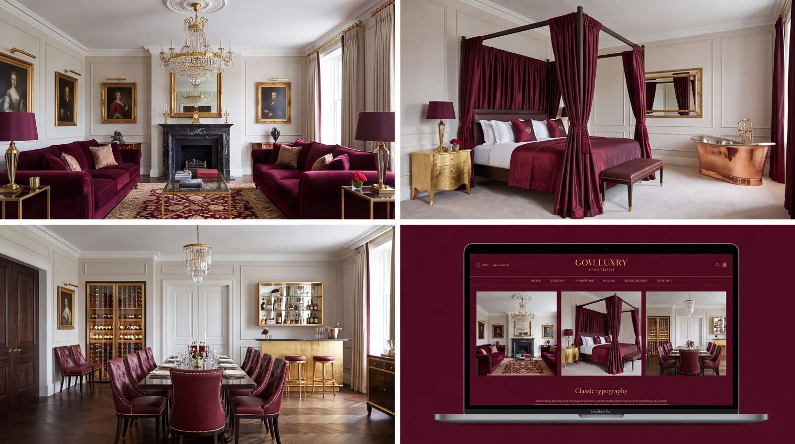 Collage klassischer Interieurs in Bordeaux und Gold mit Website-Design
