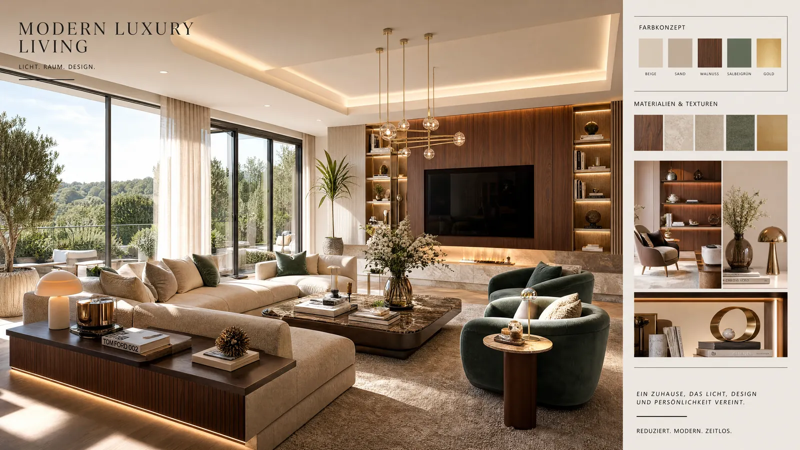 Interior Design Konzeptboard Modern Luxury mit Farbkonzept und Materialübersicht