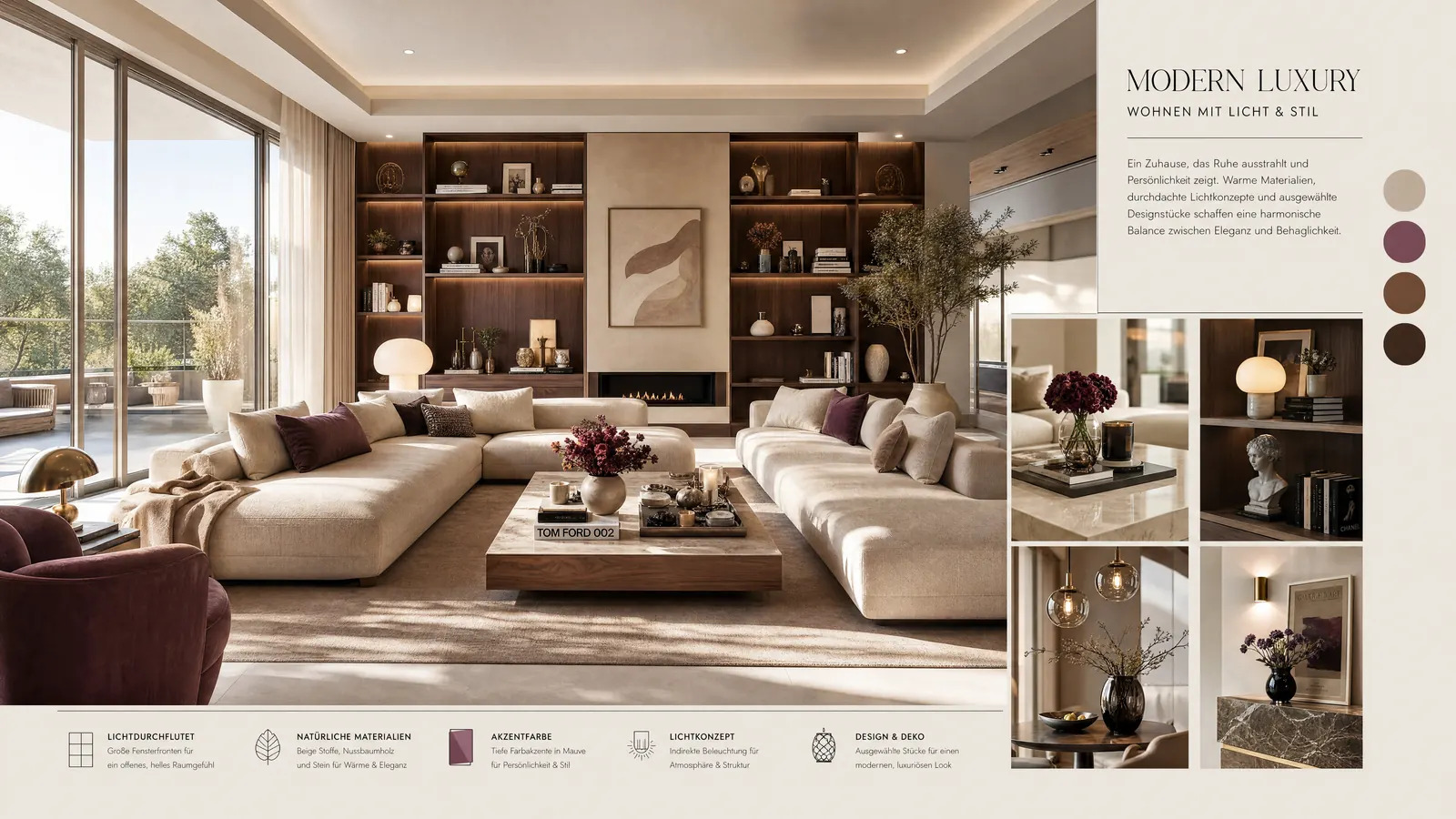 Designkonzept Wohnen mit Licht und Stil – warme Materialien und elegante Akzente