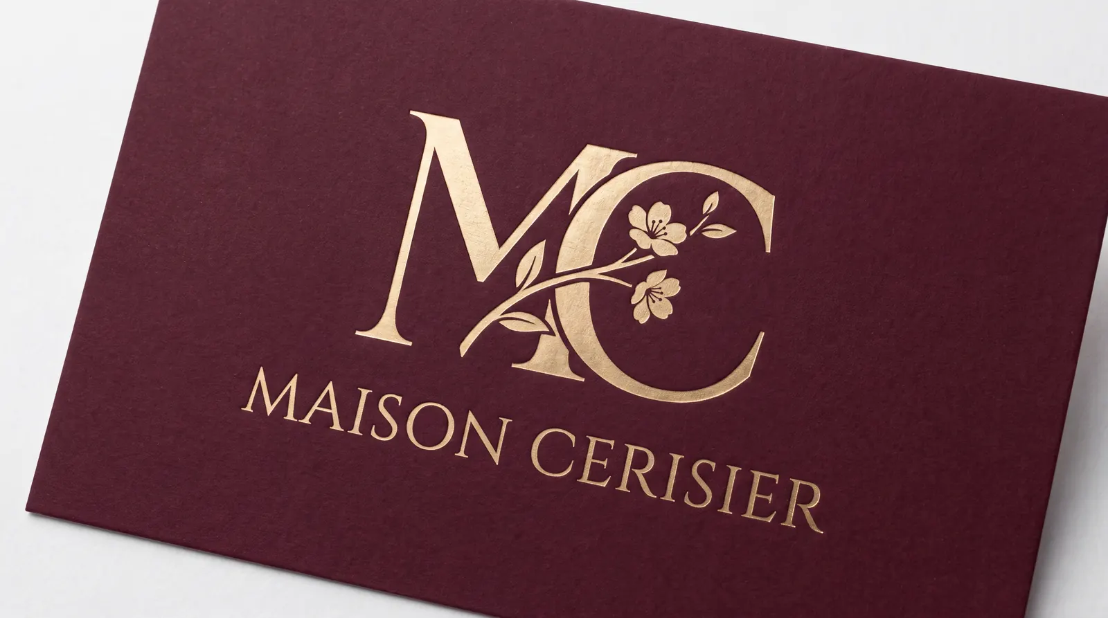 MAISON CERISIER Logo auf Visitenkarte in Bordeaux mit goldener Prägung