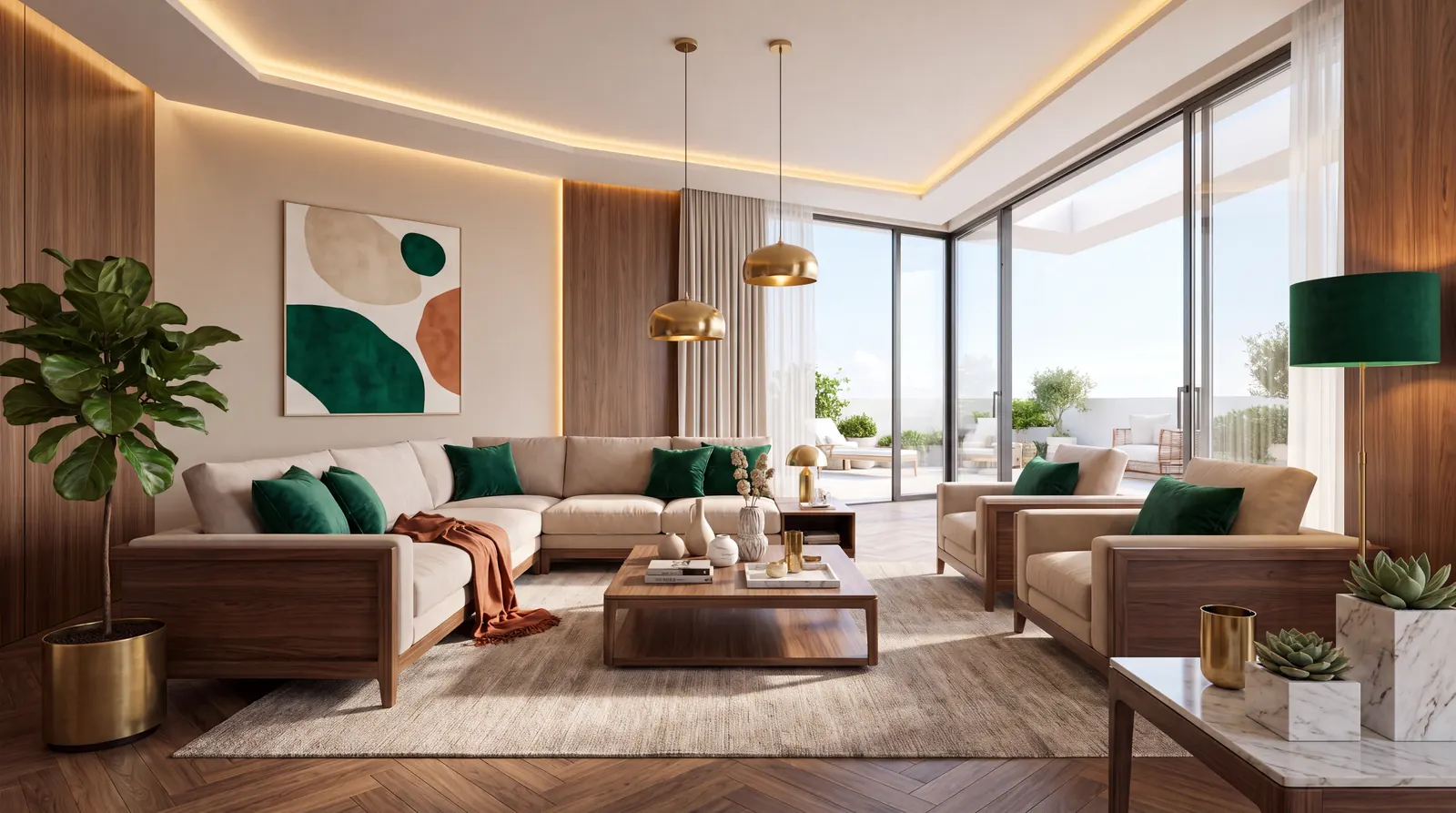 Wohnzimmer in Beige und Grün mit goldenen Pendelleuchten und Terrassenblick