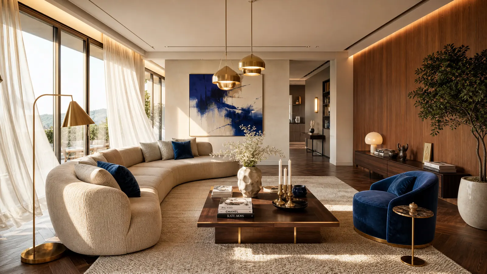 Elegantes Wohnzimmer in Creme mit blauer Kunst, blauem Samtsessel und Goldakzenten