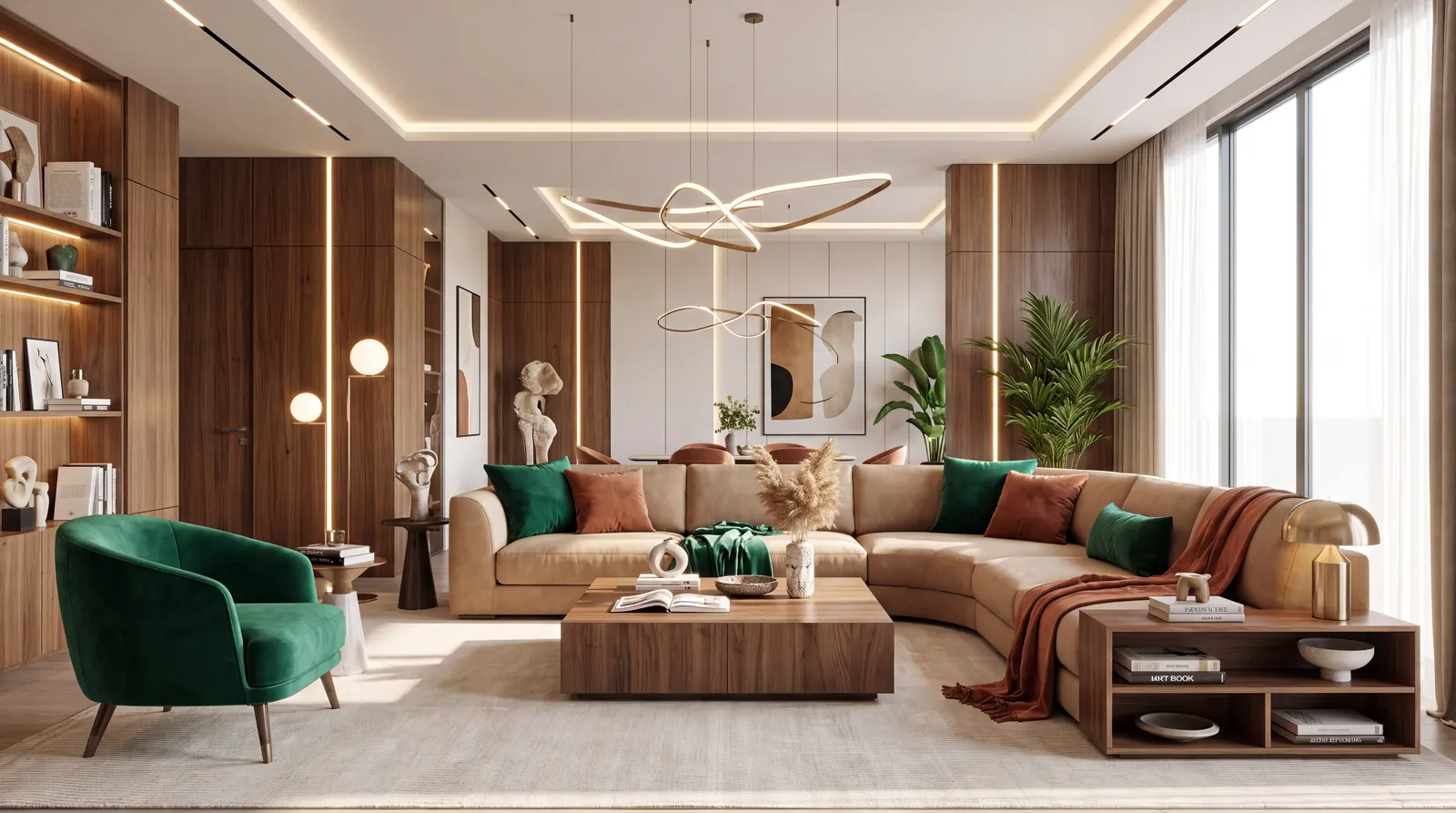 Modernes Wohnzimmer mit Nussbaumholz, grünem Sessel und Terrakotta-Kissen