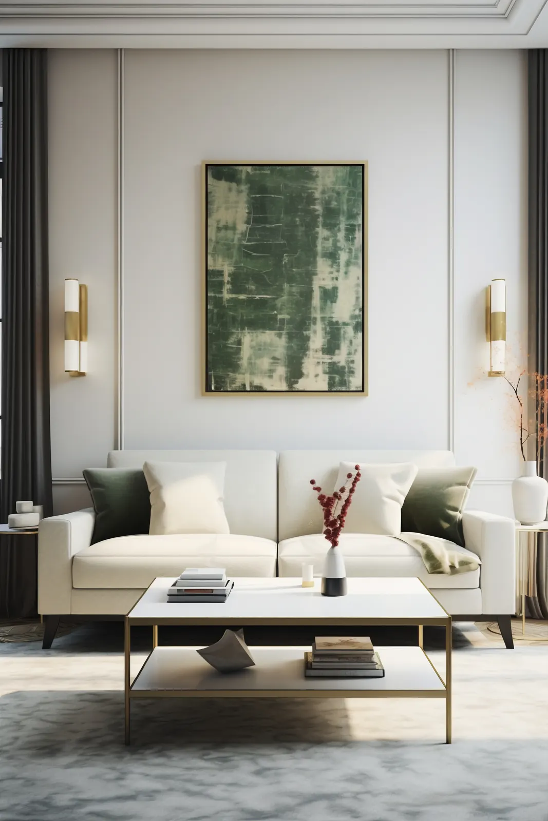 Helles modernes Wohnzimmer mit weißem Sofa, grüner Kunst und goldenen Wandleuchten